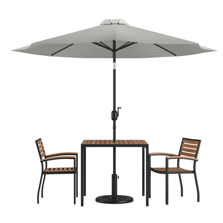 Flash Furniture 5 Piece Outdoor Patio Dining Table Set - 2 Synthetic Teak Stackable Chairs with Arms - 35" Square Table - Red Umbrella with Base