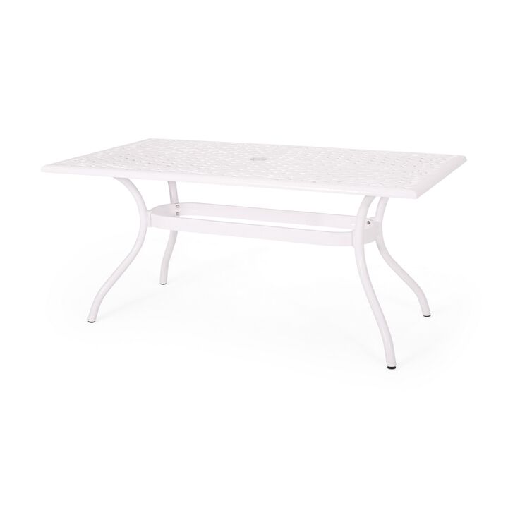Toni Table, 67 Inch Rectangular Lattice Top, Saber Legs, White Aluminium
