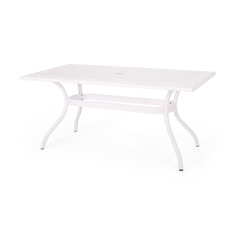 Toni Table, 67 Inch Rectangular Lattice Top, Saber Legs, White Aluminium
