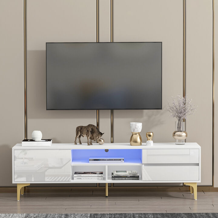 White TV stand with LED lights and gold legs