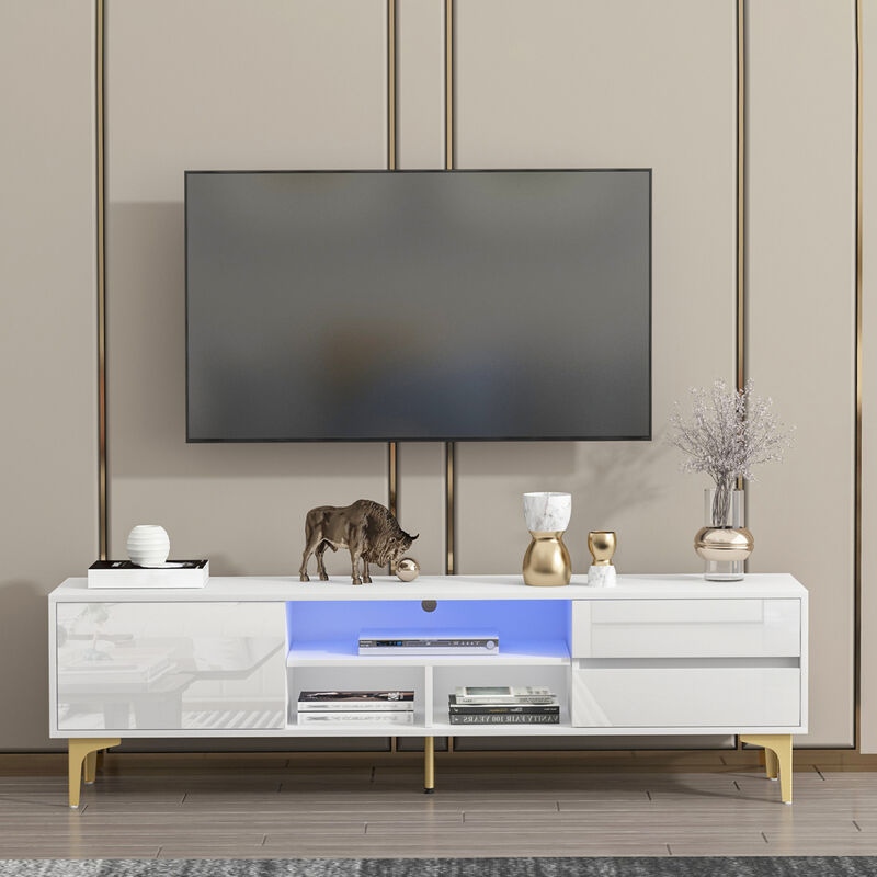 White TV stand with LED lights and gold legs