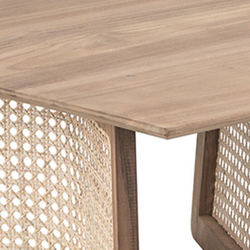28 Inch Coffee Table, Square Top, Rattan Cane Base, Teak Wood, Brown  - Benzara