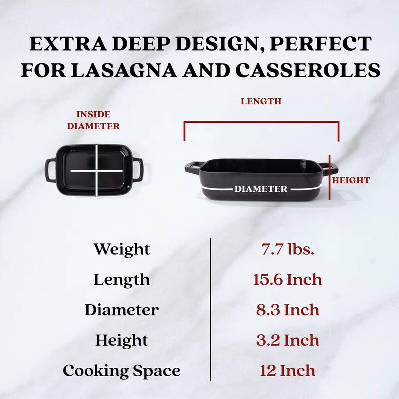 Alva Nori Enameled Cast Iron Dutch Oven Dish Roasting Pan 12"x8" Rectangular Nonstick Stove-to-Table Enamel Coated Pot, Non Toxic, Compatible with All Stovetops, Oven Safe & Induction Safe