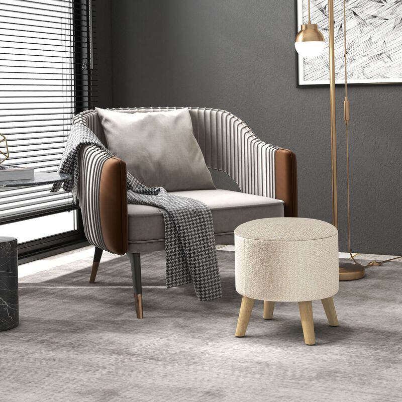 Linen Round Storage Ottoman: Wood Legs, Hidden Space