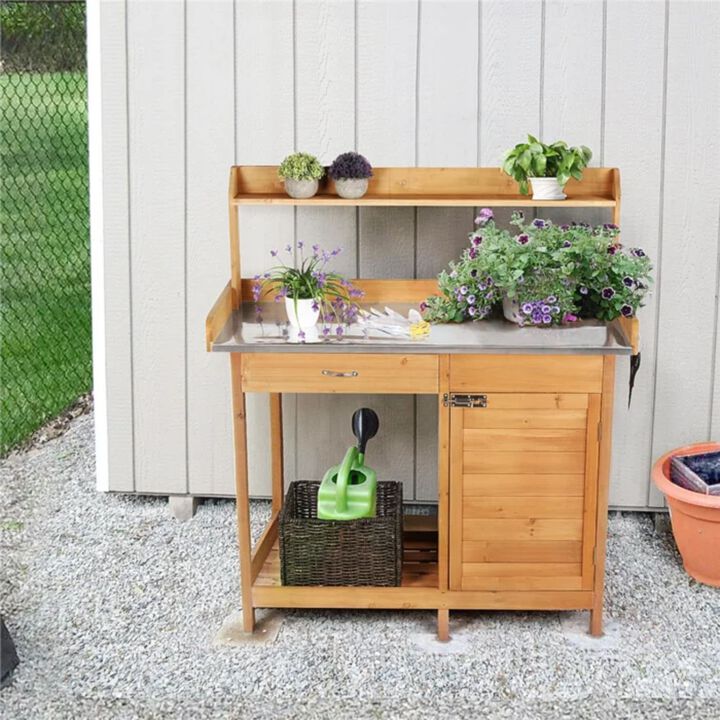 QuikFurn Natural Fir Wood Potting Bench Garden Work Table with Metal Top