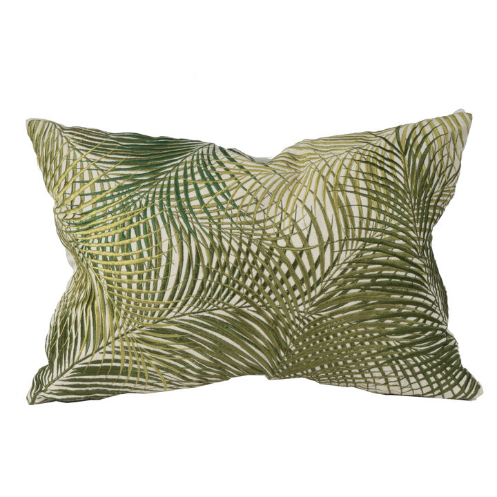 20 X 14 Inch Embroidered Pillow with Palm Leaf Design, White and Green-Benzara