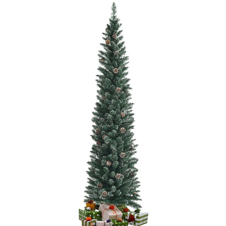 Snowy Artificial Pencil Christmas Tree with Pine Cones for Rustic and Space-Saving Holiday Decor