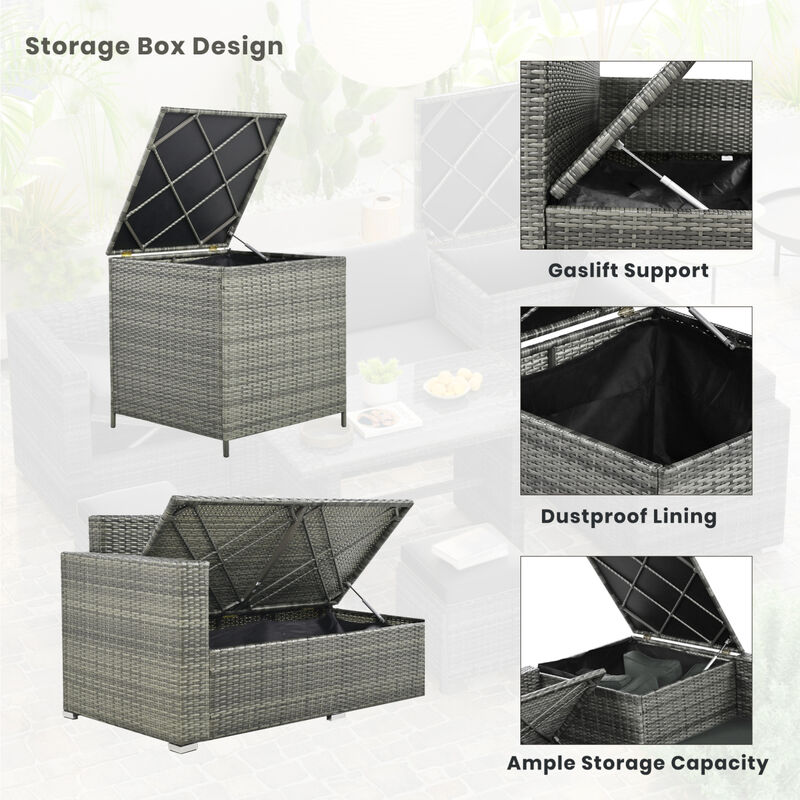 Outdoor 6-Piece All Weather PE Rattan Sofa Set, Garden Patio Wicker Sectional Furniture Set with Adjustable Seat, Storage Box, Removable Covers and Tempered Glass Top Table,Grey