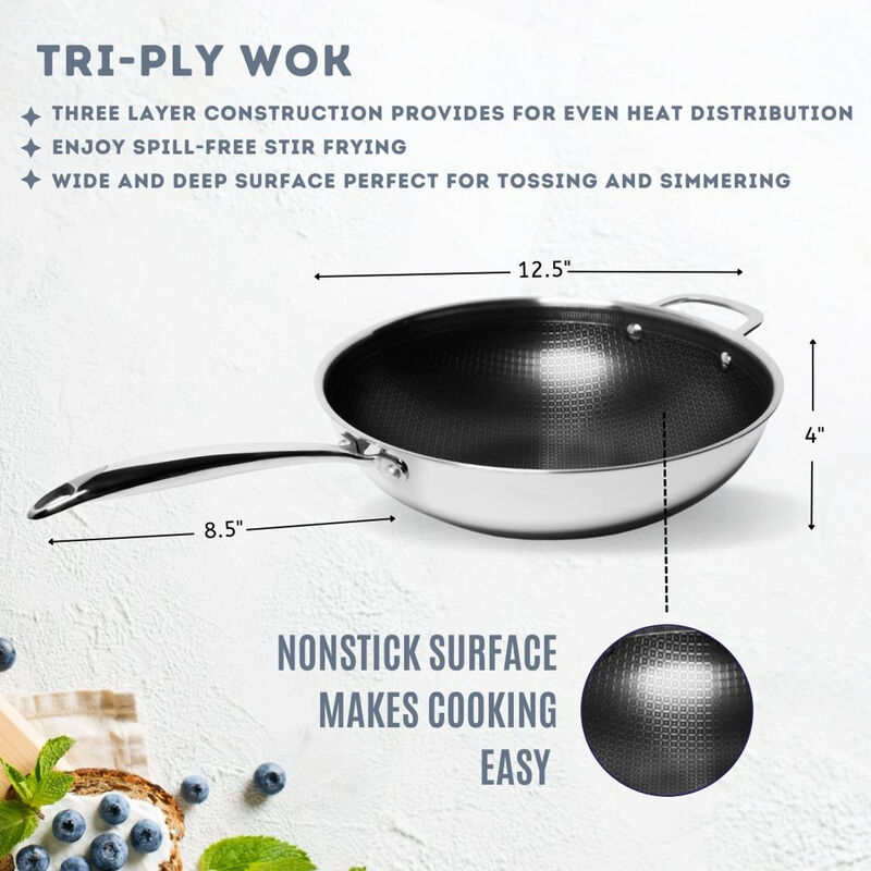 Tri-ply Stainless Steel Diamond Nonstick 5 QT Wok with Glass Lid