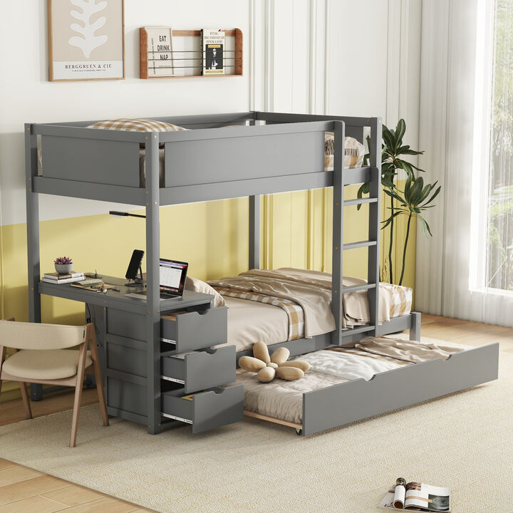 Twin Over Twin Bunk Bed With Twin Size Trundle, Storage And Desk, Gray
