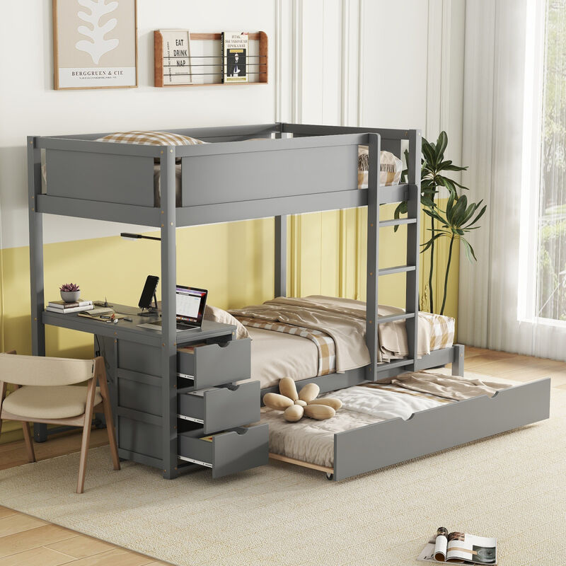 Twin Over Twin Bunk Bed With Twin Size Trundle, Storage And Desk, Gray