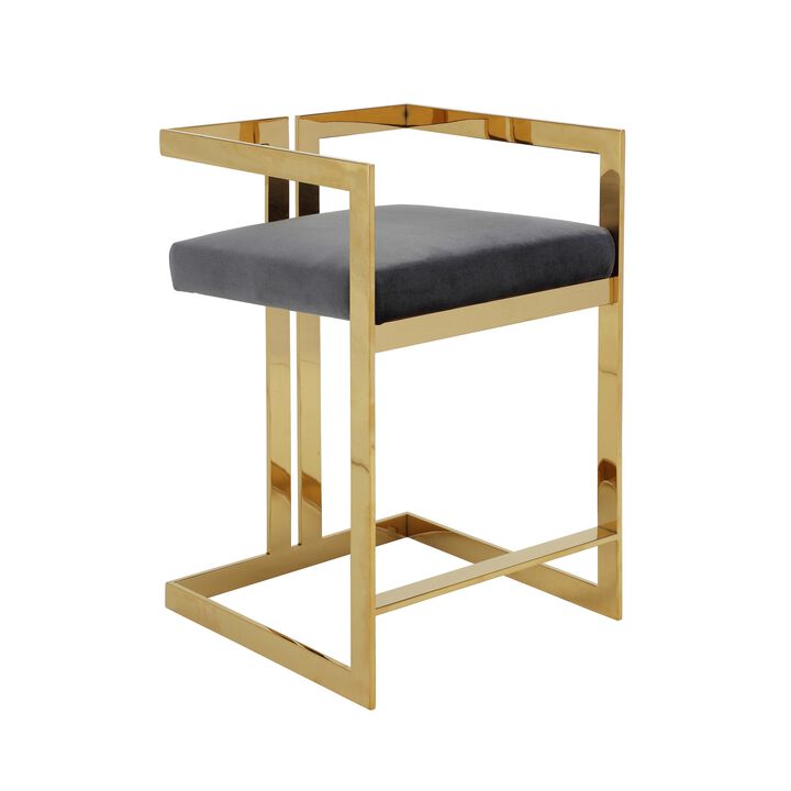 Suki 26 Inch Barstool Chair, Gray Velvet Seat, Stainless Steel, Gold Finish - Benzara