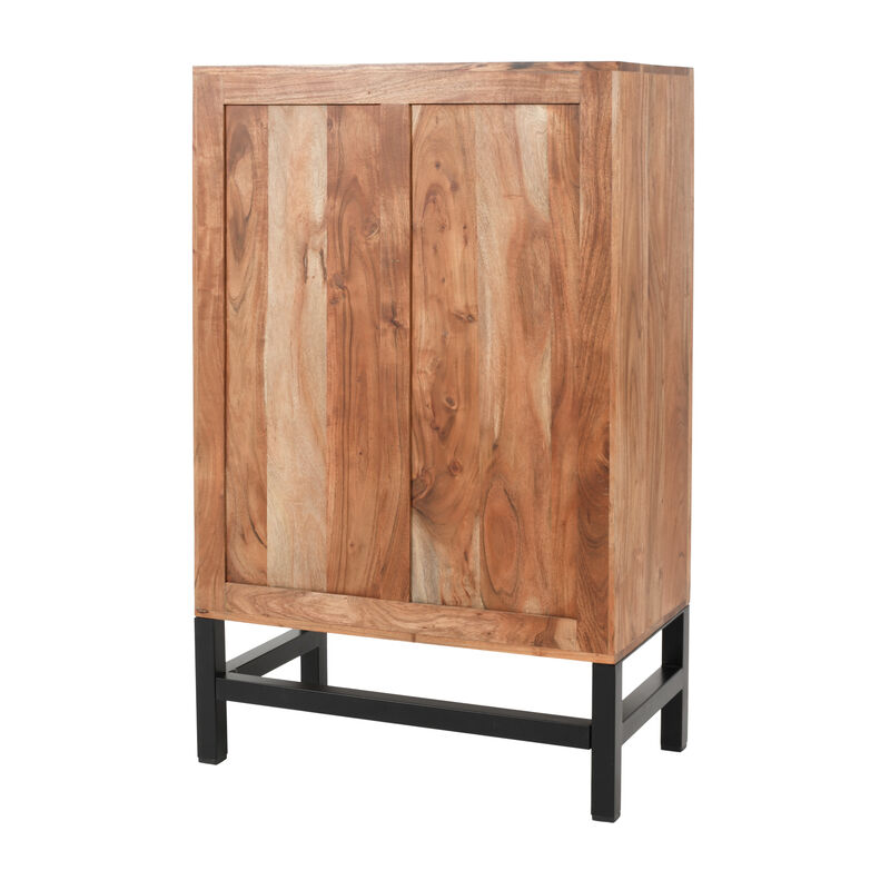 30 Inch Storage Cabinet, Handcrafted Rustic Brown Acacia Wood, Black Iron Legs