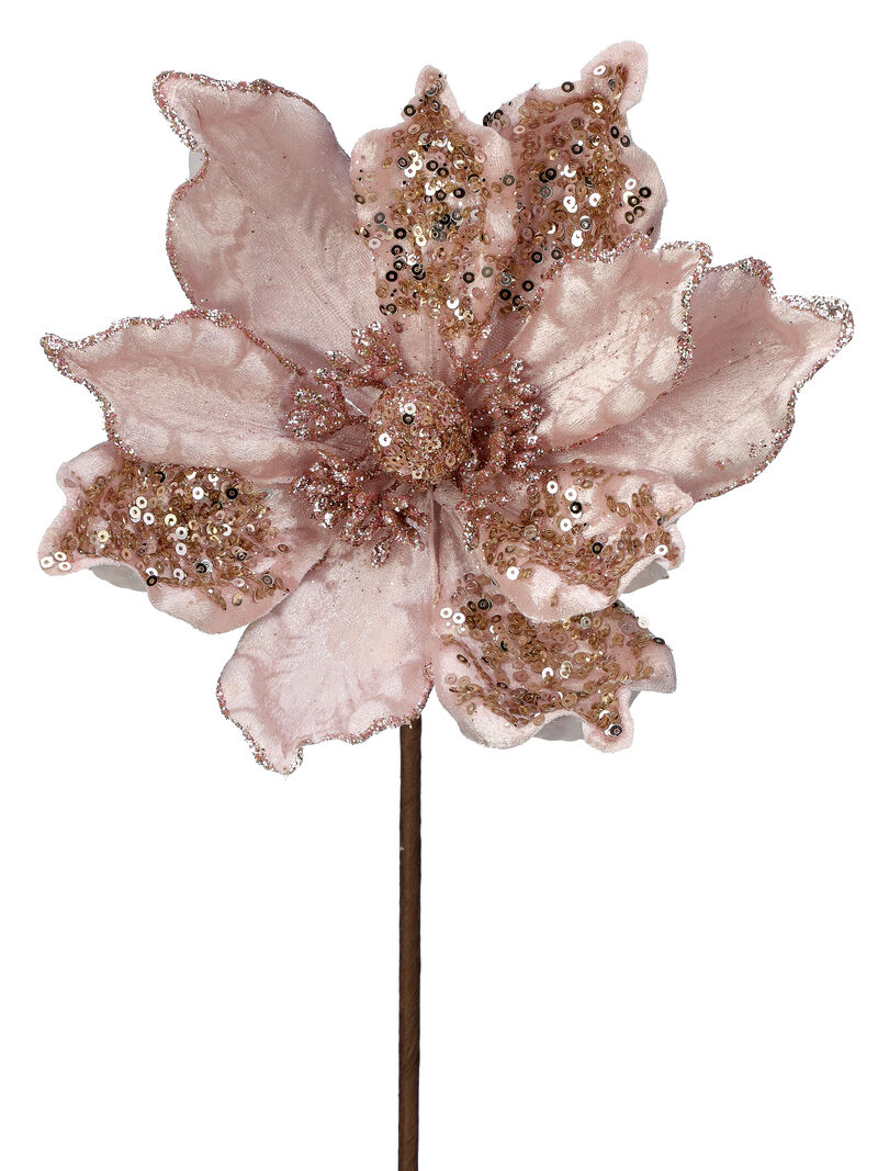24" Blush/Pink Velvet Sheen Sequin Magnolia Stem (3 PCS) - Elegant Christmas Floral Decoration