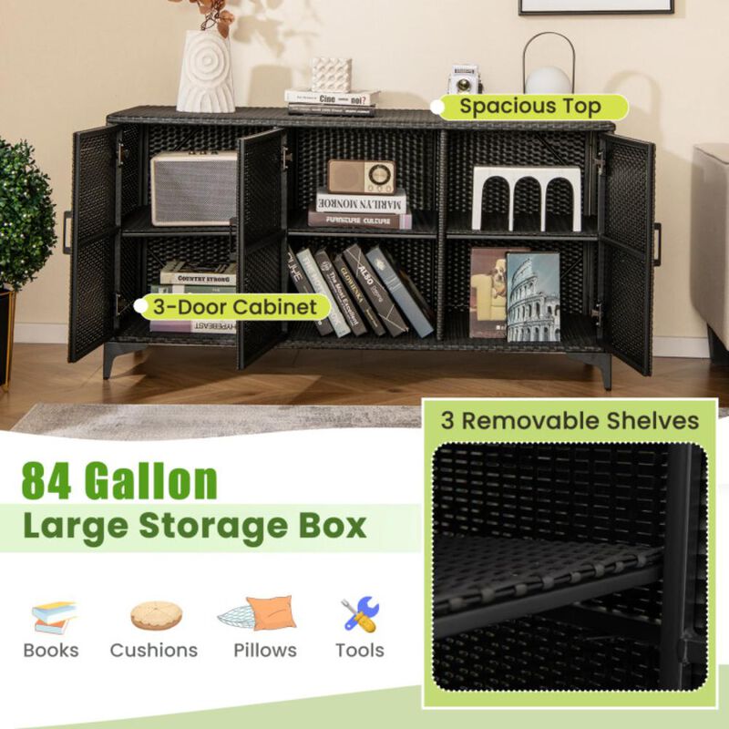 Hivvago 84 Gallon Patio Wicker Deck Box 3-Door PE Rattan Storage Container with Removable Shelves