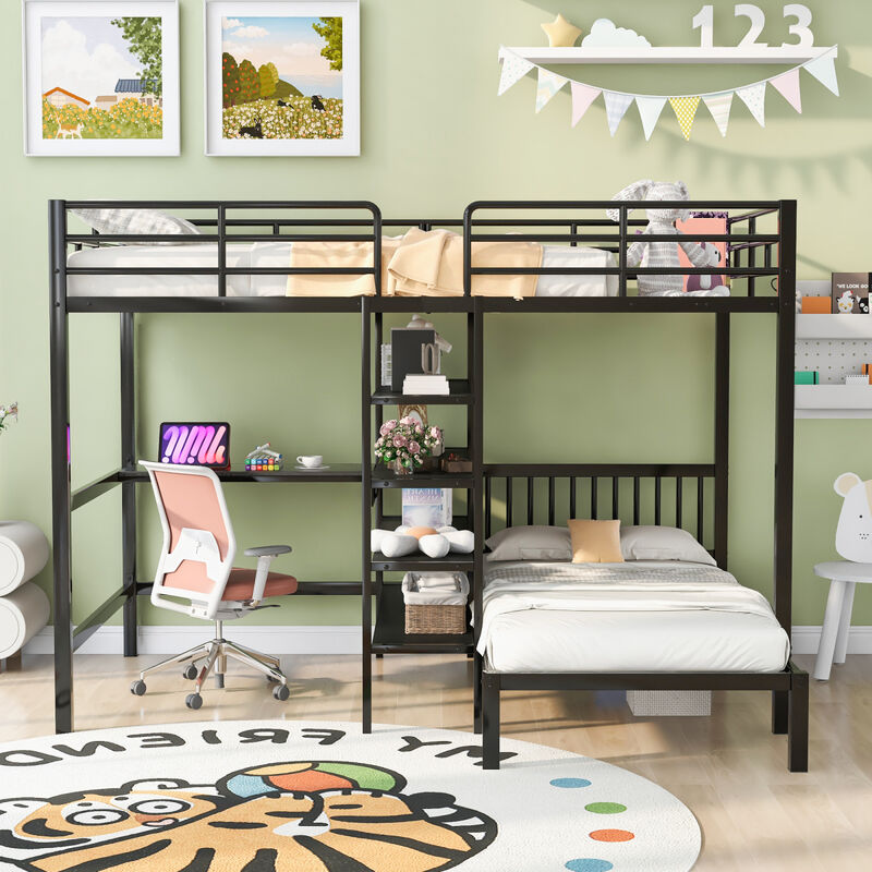 Full Over Twin Metal Bunk Bed With Built-In Desk, Shelves And Ladder