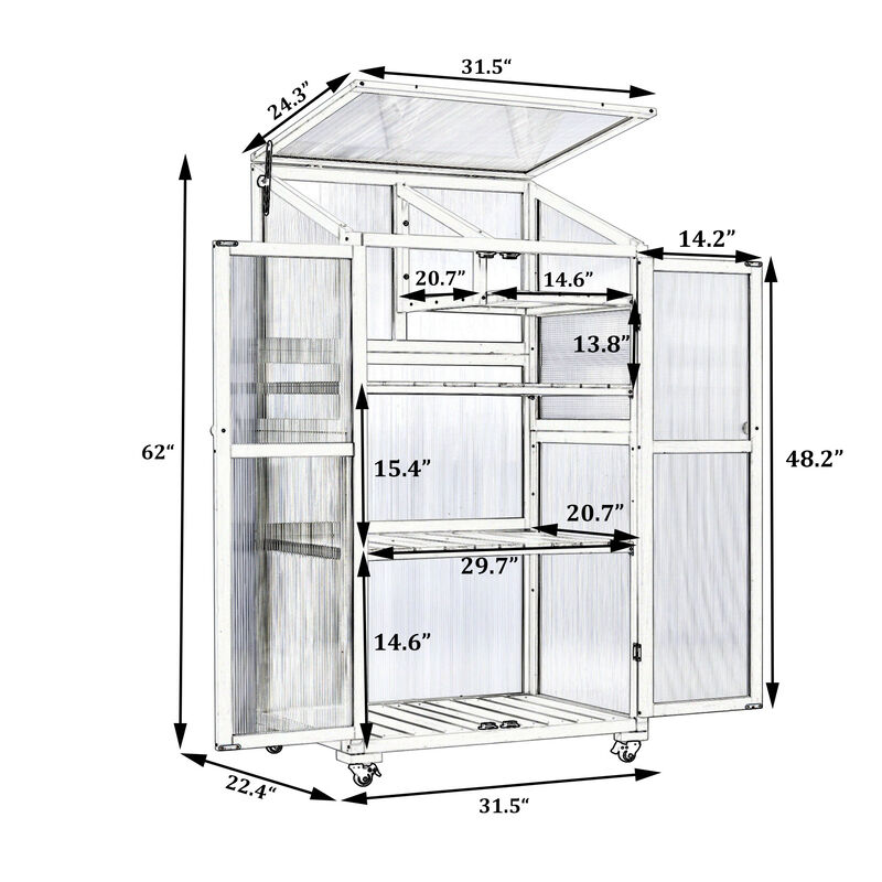 62" Height Wood Largehouse Balcony Portable Cold Frame With Wheels And Adjustable Shelves