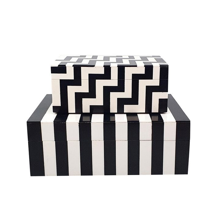 Anya Set of 2 Accessory Boxes, Multipurpose Lidded Storage, Black, White - Benzara