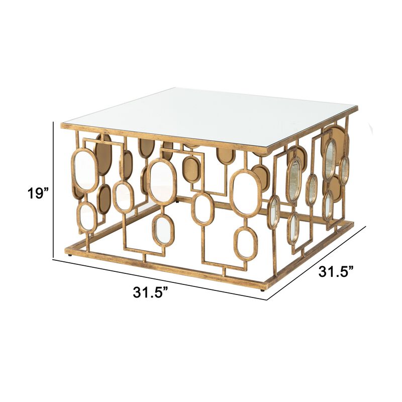32 Inch Coffee Table, Mirror Top, Geometric Patterns, Iron, Modern, Gold-Benzara