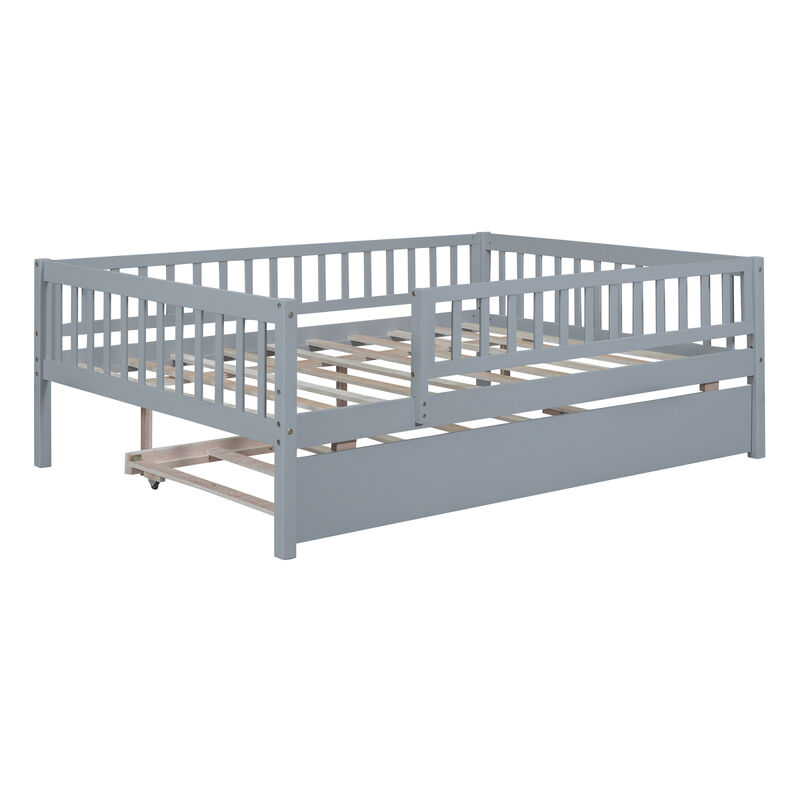 Full Size Wood Daybed With Trundle And Fence Guardrails