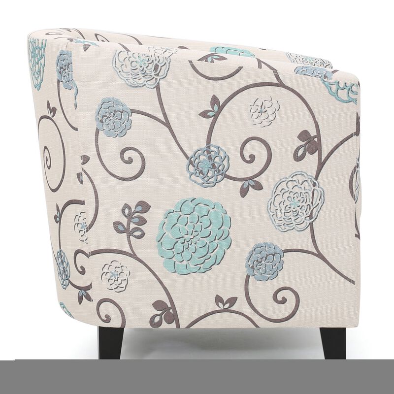 Accent Club Chair, Round Arms, Cream Blue Fabric Floral Details, Birch Wood