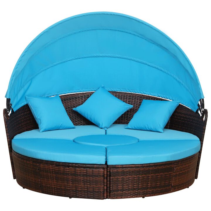 Rattan Poolside Oasis: 4pc Canopied Daybed Sofa Set in Mocha Brown