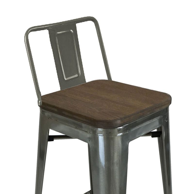 Trace 30 Inch Barstool Chair, Low Back, Wood Seat, Light Gray Metal - Benzara