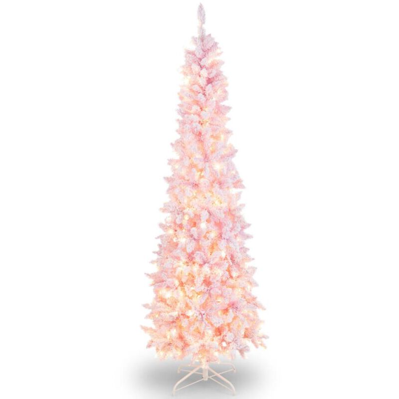 Hivvago 7 Feet Pre-Lit Snow Flocked Hinged Pencil Christmas Tree with 300 Lights and 8 Modes