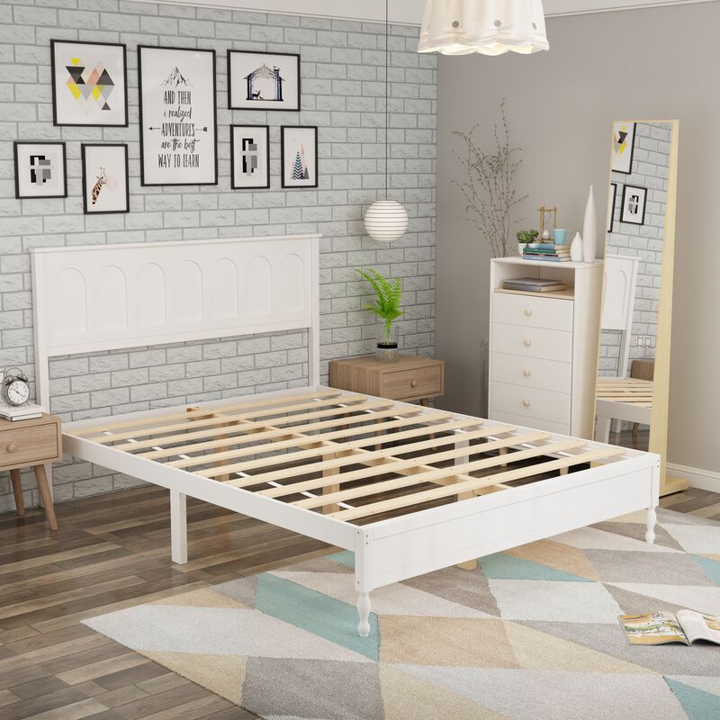 FUFU&GAGA Modern White Rubberwood Bed with Slats, 800 lbs Weight Capacity (81.7" L x 43.7" H x 60.2" W), White