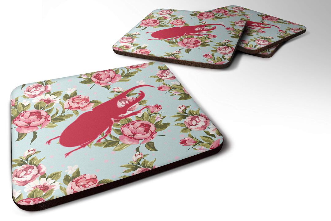 Caroline's Treasures BB1056-RS-BU-FC Beetle Shabby Chic Blue Roses Foam Coasters (Set of 4), 3.5 H x 3.5 W, Multicolor