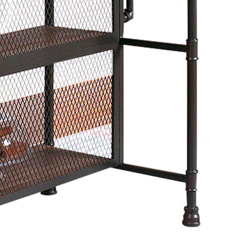 59 Inch Bar Table with Hanging Rack, Sand Black Metal, Natural Brown Wood - Benzara