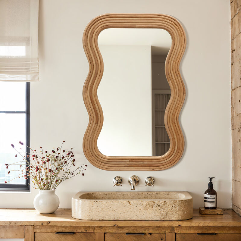 LuxenHome 39-Inch Tall Rectangular Natural Cork Wood Wavy Frame Accent Wall Mirror