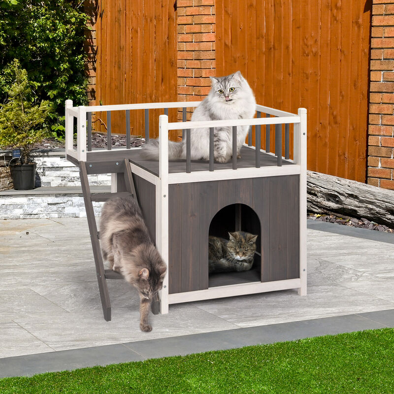 Wooden Outdoor Cat House with Stairs, 2-Tier Weatherproof Pet Shelter