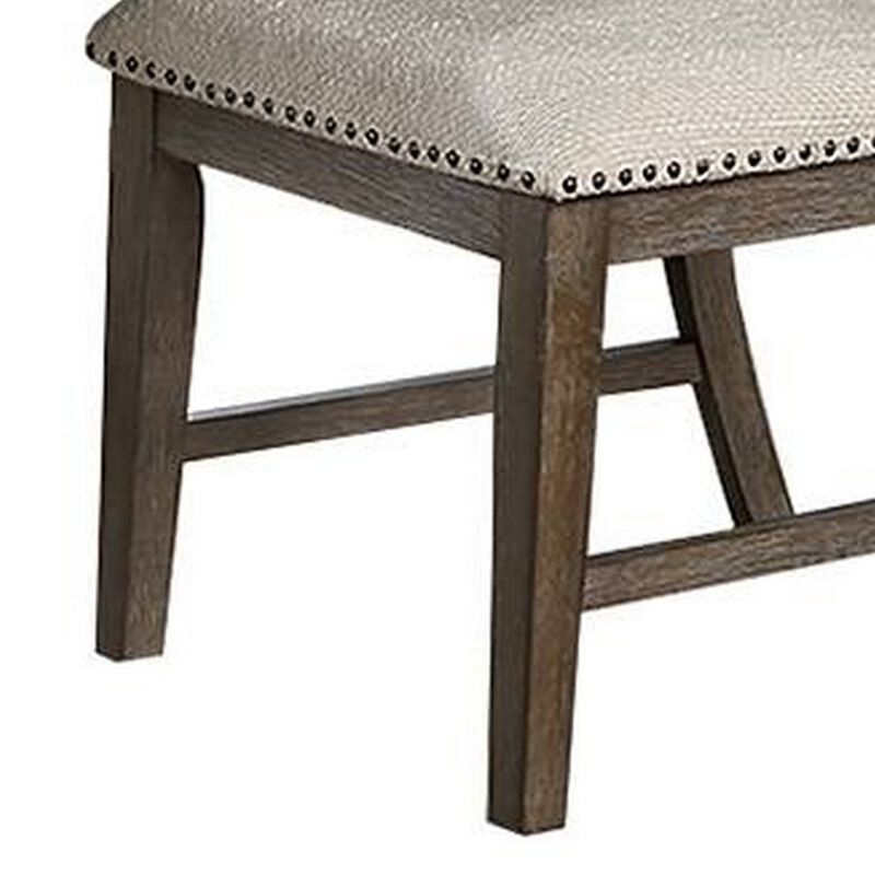Alex Dining Side Chair Set of 2, High Back, Nailhead Brown Wood, Beige - Benzara