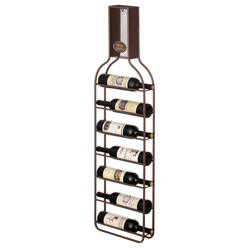 Vintiquewise Decorative Wall-Mounted 7-bottle Metal Wine Rack with Mesh Cork Catcher, Stylish Champagne, White, and Red Wine Storage for Living Room, Kitchen, Dining Room, and Bar Décor, Brown