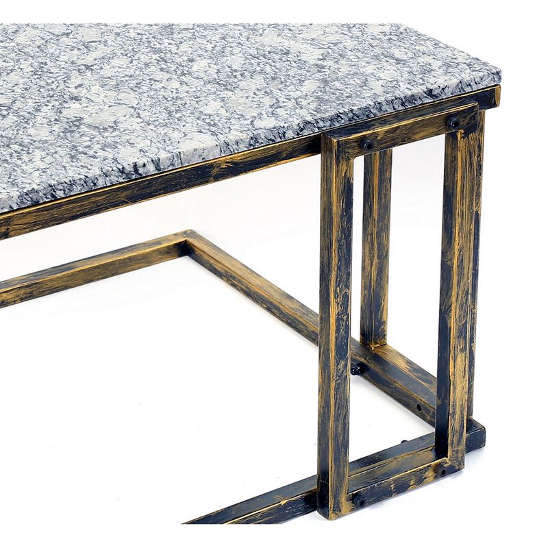 22 Inch Granite Top Plant Stand, Cast Iron Frame, Gray, Black, Gold-Benzara