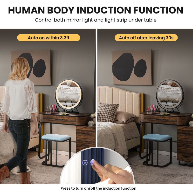 Vanity Table Set with 3-Color Lighted Mirror and Charging Station