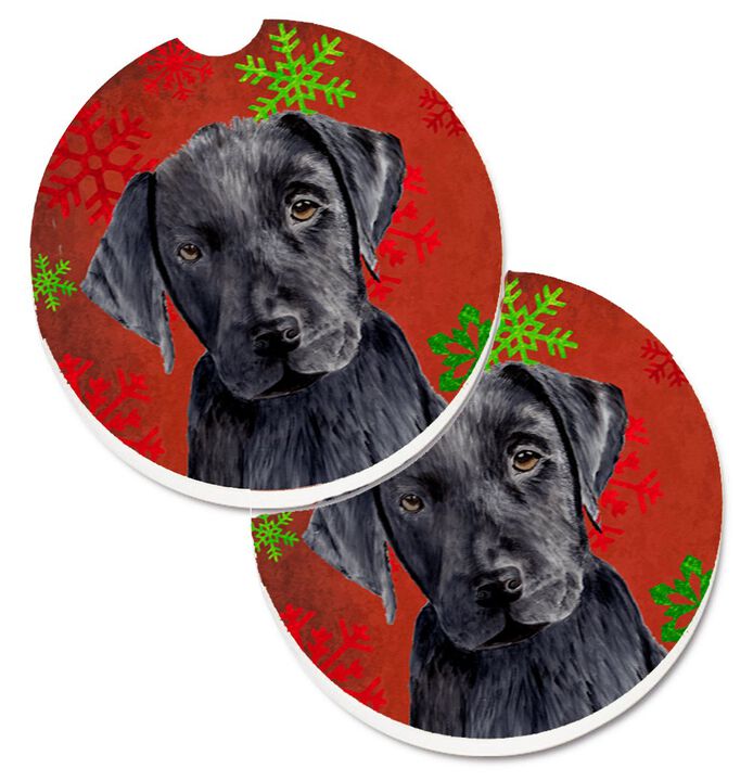 Caroline's Treasures Labrador Red & green Snowflakes Holiday Christmas Set of 2 Cup Holder Car Coasters SC9404CARC, 2.56, Multicolor