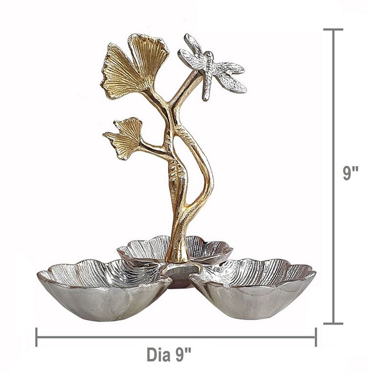 Keva 9 Inch Decorative Bowl, Curved Leaf Design, 2 Tone Gold, Silver Finish - Benzara