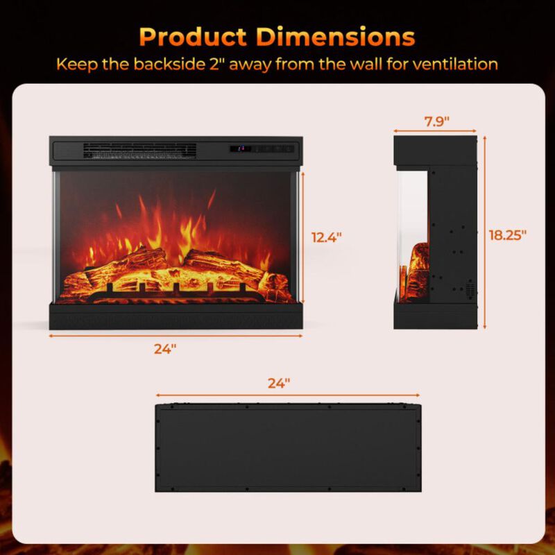 Hivvago 24 Inches 3-Sided Glass Electric Fireplace Heater with Remote Control