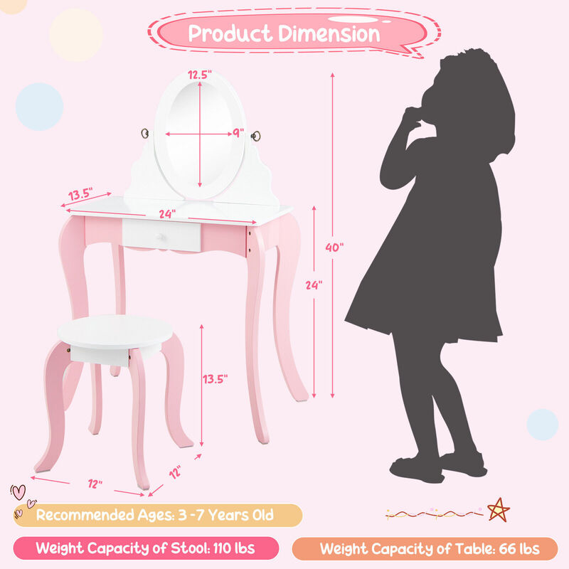 Pretend Kids Vanity Set with 360� Rotatable Mirror and Play Accessories