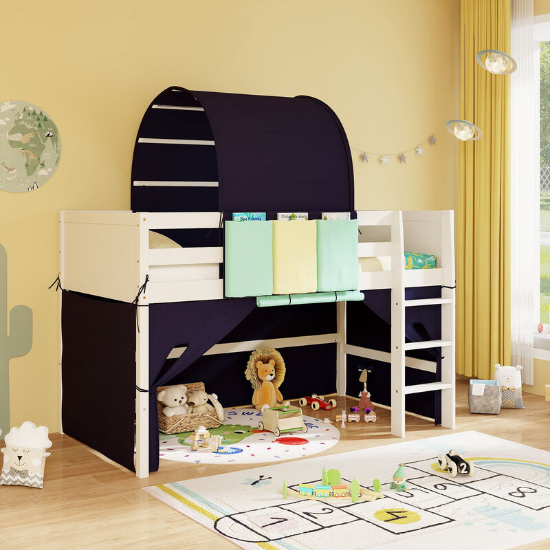 Loft Bed Playhouse Bed Frame with Tower Tent and 3 Storage Pockets