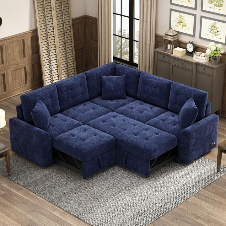 82.6" L-Shape Sofa Bed with USB Ports and Wheels, Navy Blue