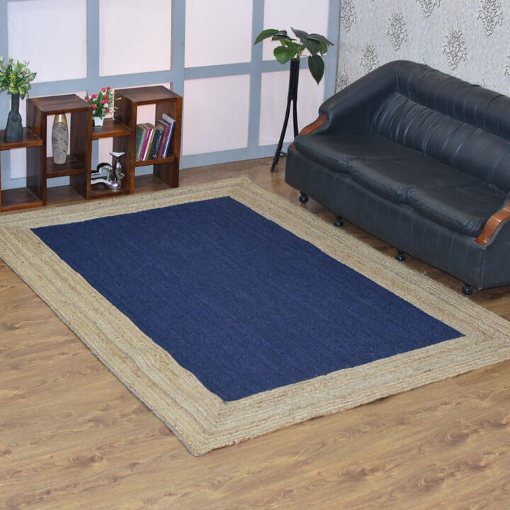 HAND WOVEN JUTE ECO-FRIENDLY Contemporary AREA RUGS  - 4'x6', Rectangle Shape, Blue Beige Color, Contemporary, High Pile, Natural Fiber, Outdoor Indoor Handmade Area Rugs for Living Room (J00026)
