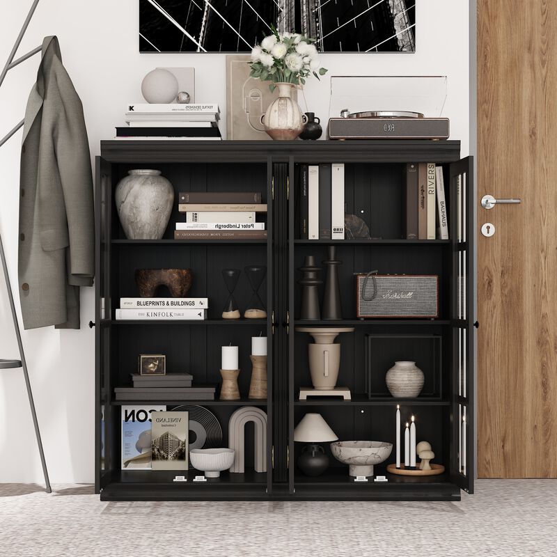 FUFU&GAGA Modern Black Glass Door Cabinet with Adjustable Shelves & Metal Handles (47.2" W x 15.7" D x 47.2" H), Black