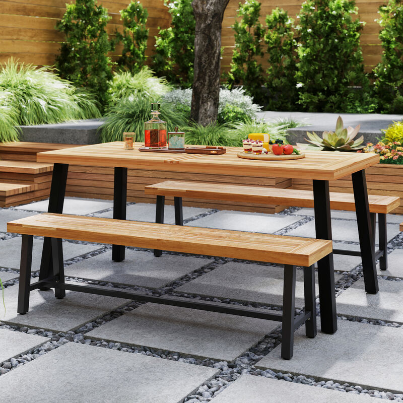 3-Person Acacia Patio Wood Outdoor Backless Bench-Set of 2