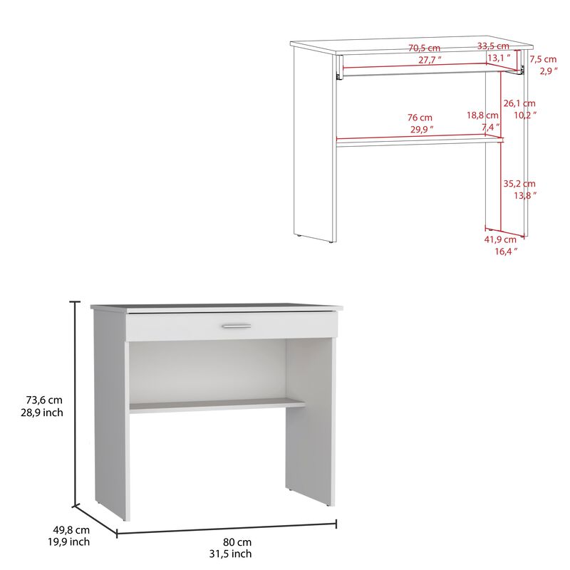 80 C Storage Desk, Compact Workstation with Drawer and Lower Shelf-White