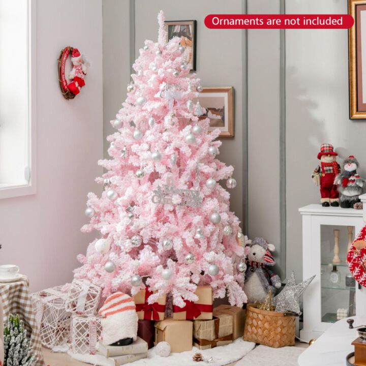Hivvago 6 FT Flocked Artificial Xmas Tree Hinged with 350 LED Lights