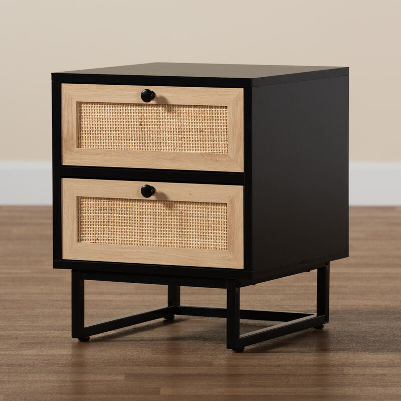 Baxton Studio Declan  Espresso Brown Finished Wood and Natural Rattan 2 Drawer End Table