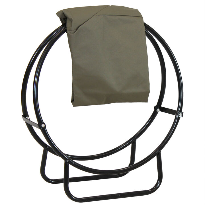Sunnydaze Powder-Coated Steel Firewood Log Hoop Rack with Khaki Cover